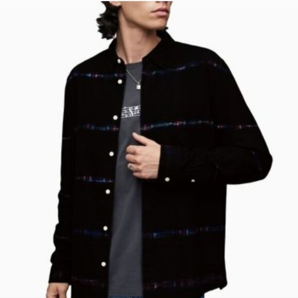 All Saints Claverack Long Sleeve Button Front Cotton Flannel Mens Large Black